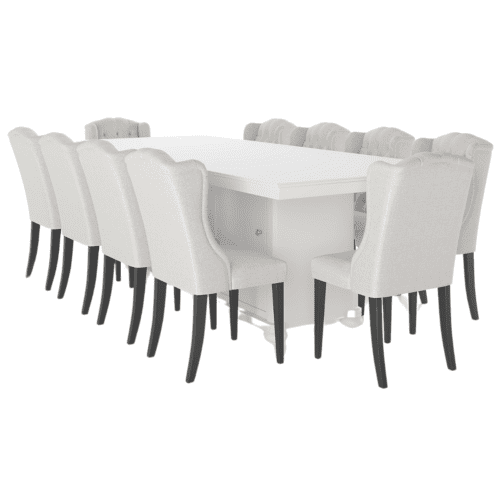 Opalescent Solid Wood Luxury White Large Rectangle Dining Table & Chair Set with Storage