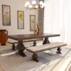 Ornate Solid Wood Rectangle Double Pedestal Dining Table with Bench Set