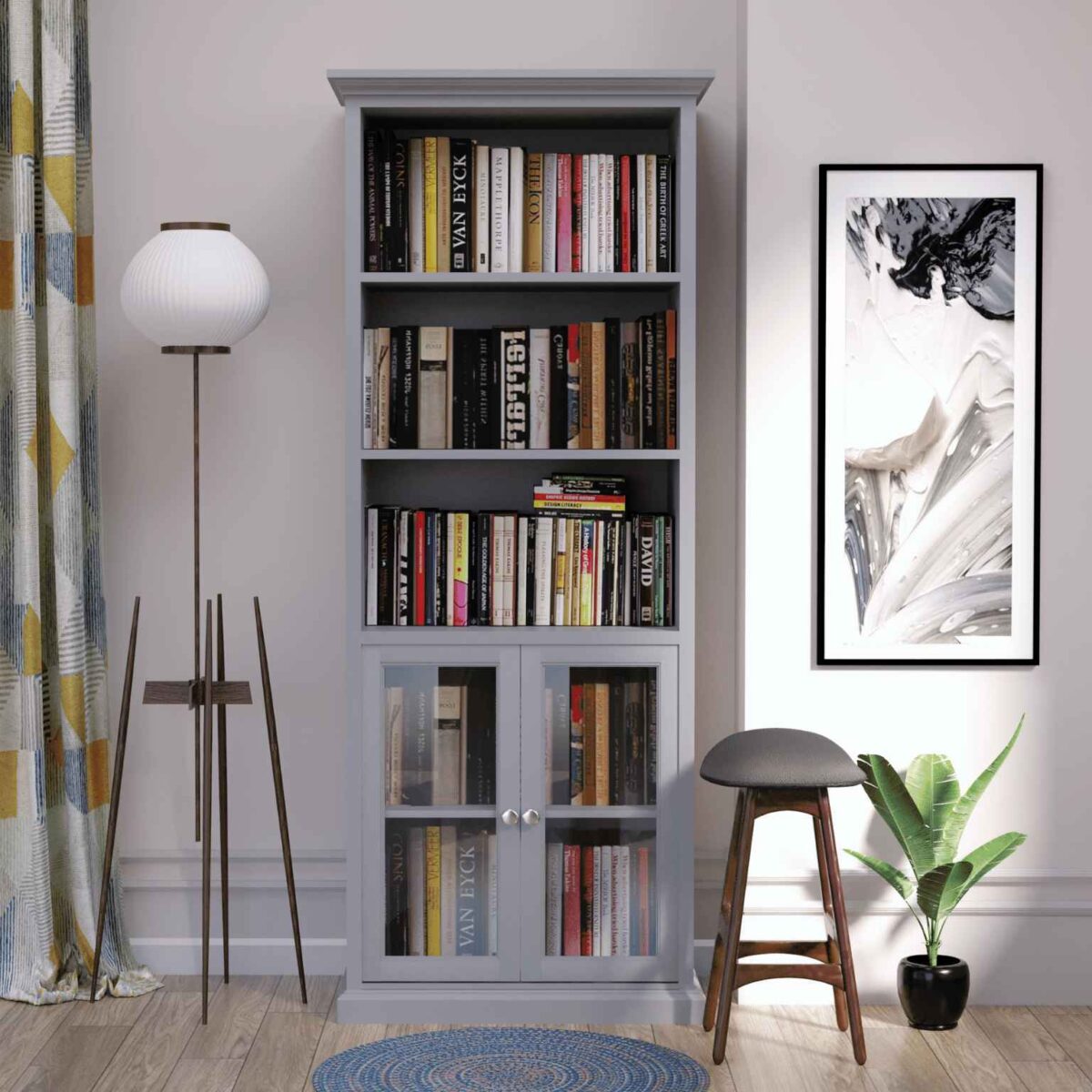 Effervescent Tall Bookshelf With Glass Doors - Solid Wood Gray