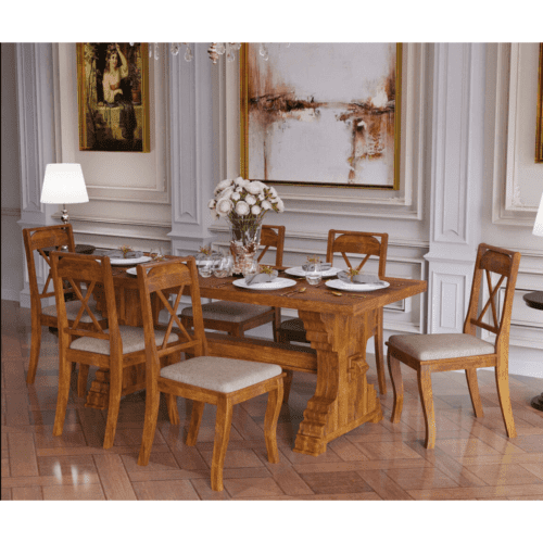 Solid Mango Wood Dining Set with Upholstered Chairs