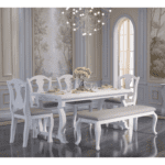 White and wood extendable dining table set with upholstered bench and ergonomic chairs