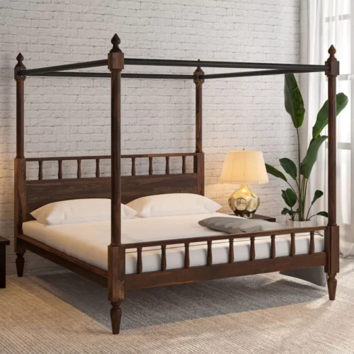 Brivon Sheesham Wood King Size Canopy Bed Frame in Teak Finish