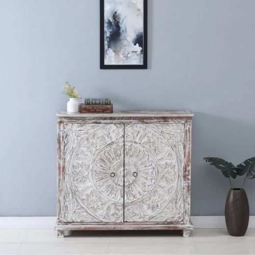 Cheswade Distressed White Solid Wood Small Sideboard Cabinet