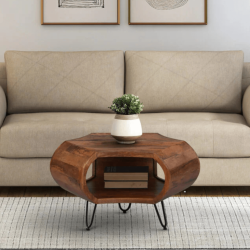 Curvonia Solid Wood Mid-Century Modern Storage Coffee Table in Natural Finish