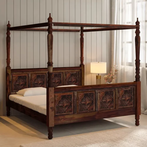 Tavrin Hand-carved Sheesham Wood King Size Canopy Bed Frame in Teak Finish